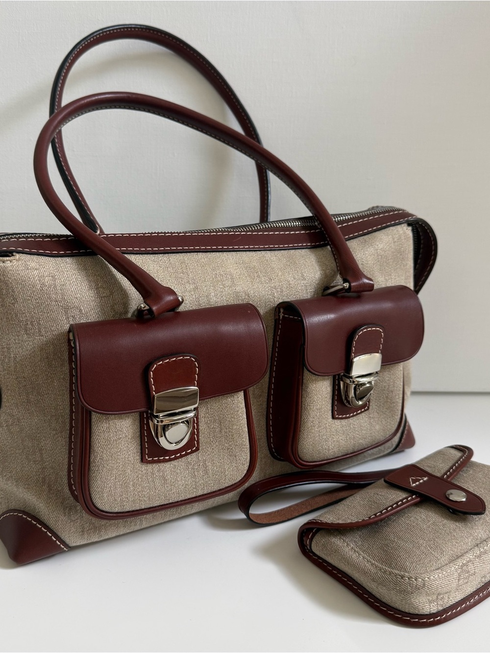 Dooney and Bourke Canvas and Brown Leather Satchel Tote with Dual Front Pockets